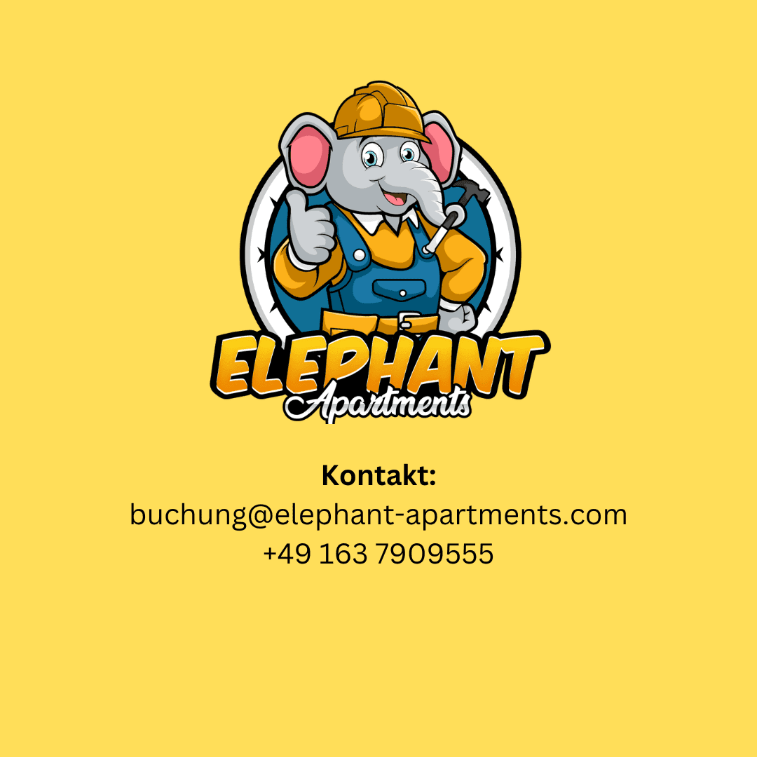 Elephant-Apartments-Maskottchen mit Kontaktdaten: buchung@elephant-apartments.com, +49 163 7909555